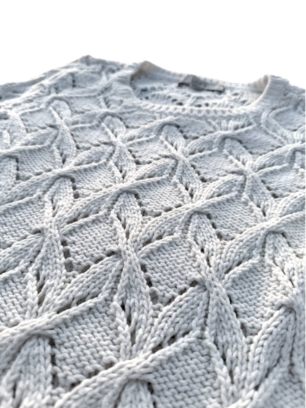 LOFT Cream Cable Knit Openwork Pointelle Sweater Off White Crew Neck - Picture 11 of 16